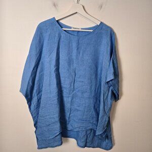 Aida Rose OS Blue 100% Linen Oversized Boxy Fit Short Sleeve Lightweight Top